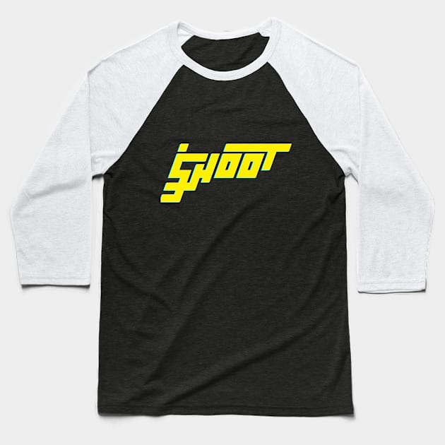 Shoot - Cyberpunk Logotype Style Baseball T-Shirt by TegarBD